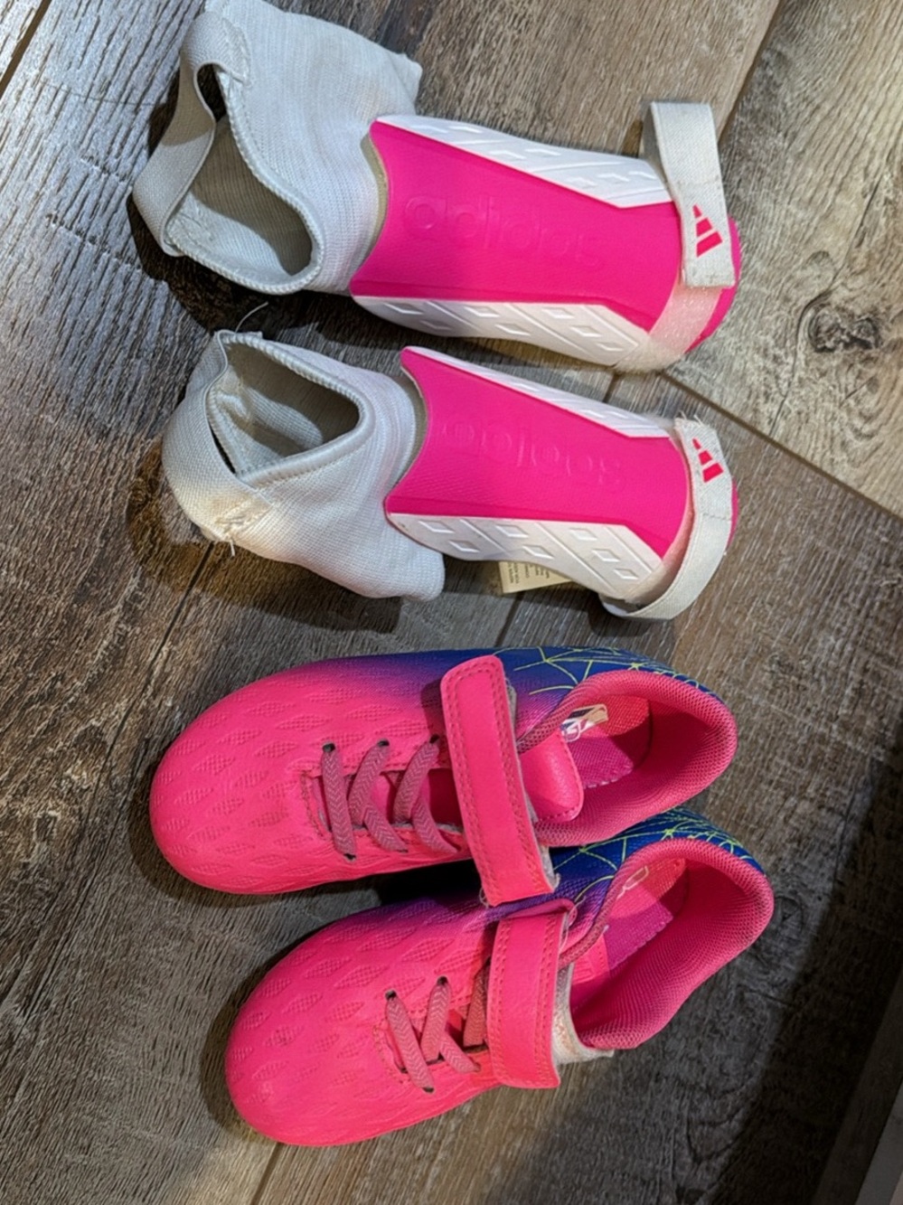 adidas Kids Hot Pink Soccer Shoes with White Shin Guards
